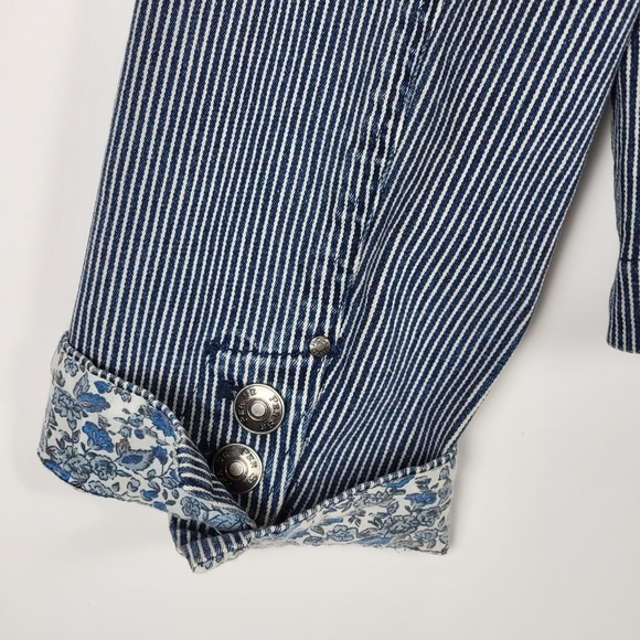 Per Se Pinstripe Distressed Cotton Blazer With Contrasting Cuff Print, EUC, szXL - Picture 4 of 10
